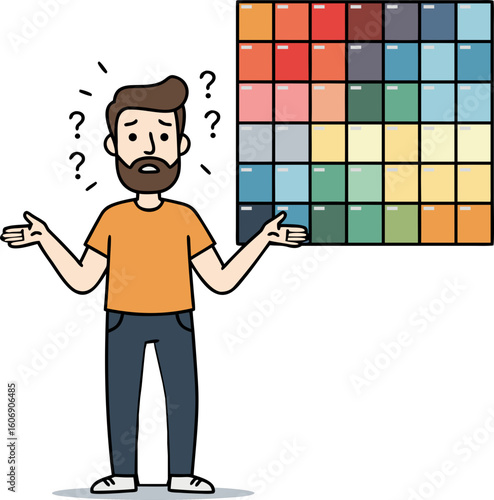 A metaphor for the inability to make decisions. The designer stands in front of a wall covered with numerous paint samples, symbolizing the difficulty of choosing from a multitude of options.