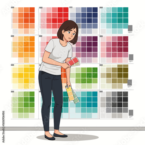 A metaphor for the inability to make decisions. The designer stands in front of a wall covered with numerous paint samples, symbolizing the difficulty of choosing from a multitude of options.
