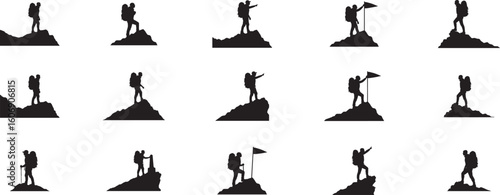Hiking silhouette vector illustration set for adventure and travel related designs and mountain climbing art
