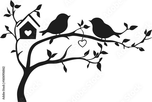 Silhouette of Two Birds on a Tree Branch with Birdhouse and Heart