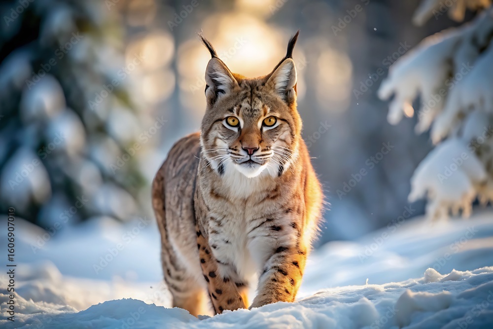 Fototapeta premium A eurasian lynx walks through a snowy forest in winter