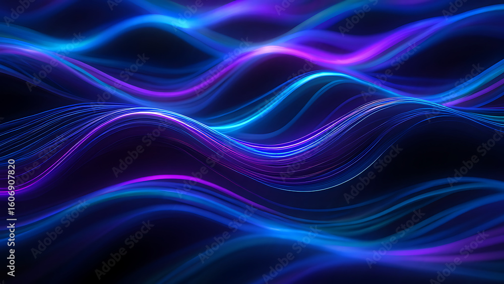 Abstract waves of vibrant blue and purple light flow and shimmer across a dark, futuristic background, creating a sense of dynamic energy and digital motion
