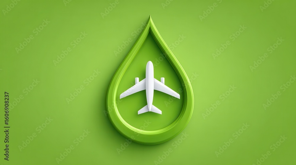 Fototapeta premium Biofuel concept for sustainable aviation. A white airplane model is nested inside a green droplet shape, symbolizing eco-friendly aviation or sustainable travel on a green background.