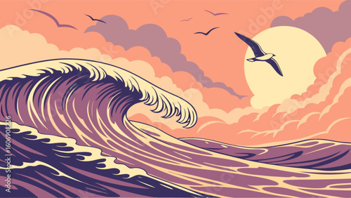 Ocean wave art illustration with seagulls flying at sunset vector design for beach and nature lovers art