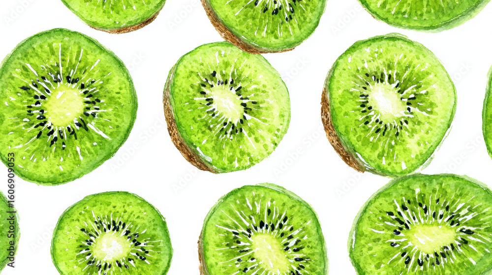 Fototapeta premium Watercolor rendering of sliced kiwi fruit on white background for cloth printing [with copy space]
