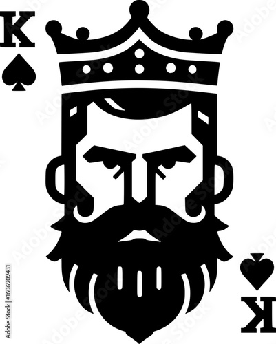 bold black and white vector icon of the king of spades with beard and crown, masculine design in minimalist flat style
