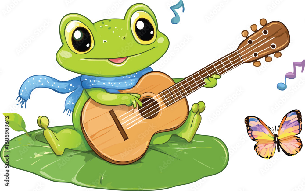 Fototapeta premium Cartoon Frog Playing Guitar on Lily Pad with Butterfly Illustration