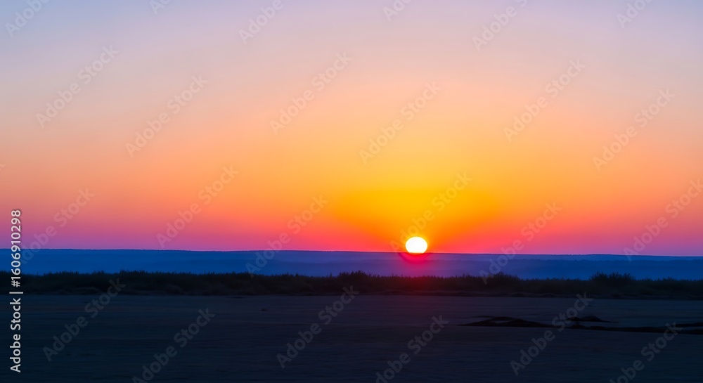 A vibrant sunset over the ocean with a gradient sky and dark land in the foreground view A vibrant sunset over the ocean with a gradient sky and dark land in the foreground view