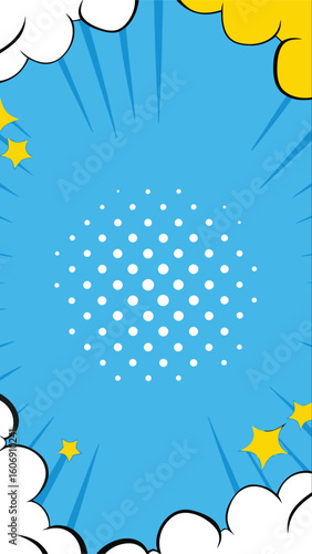 Comic Book Abstract: A vibrant and dynamic comic book illustration, featuring a bold blue backdrop, with stylized clouds, bursting radial lines, and pop-art accents.