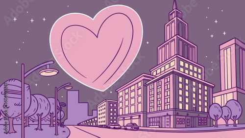 Heart in city skyline vector illustration for love and romance themed designs and valentine's day graphics art