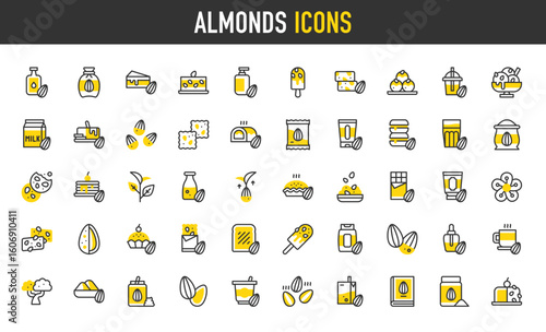 Almonds vector icons. Seed Bag, Protein Bar, Roasted, Oil, Nougat, Essence, Flour, Granola, Marzipan, Yogurt, Barfi, Almond Milk, Cake, Grow, Butter, Snack, Flower illustration.	
