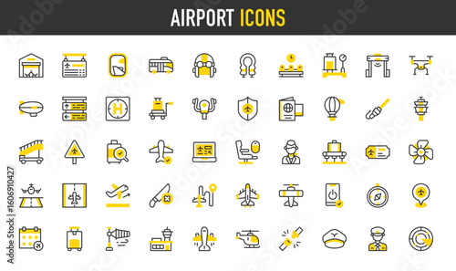 Airport icons. Schedule, Pilot, Seat, Heliport, Helicopter, Pilot Hat, Take Off, Airplane, Drone, Luggage, Waiting Room, Landing, Conveyor Band, Radar vector illustration.	
