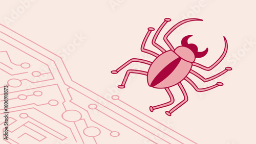 Software bug on circuit board illustration representing computer virus and cybersecurity threat concept