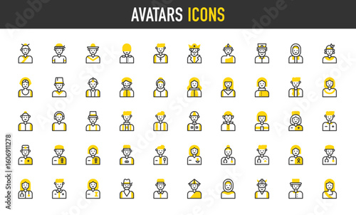 Avatars vector icons. Oncologist, Soldier, Obstetrician, Pediatrician, Doctor, Radiologist, Orthopedist, Girl, Veterinarian, Cowboy, Soldier, Chinese, Arabian illustration.	
