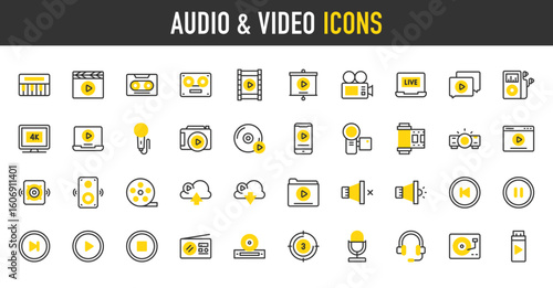 Audio and video vector icons. Video Tape, Video Player, Movie Reel, Play Button, Headset, Video Folder, Live Streaming, Turntable, Microphone, Pause Button, Stop illustration.	
