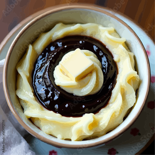 Delicious mashed potatoes topped with chocolate sauce and butter in a bowl for culinary enjoyment