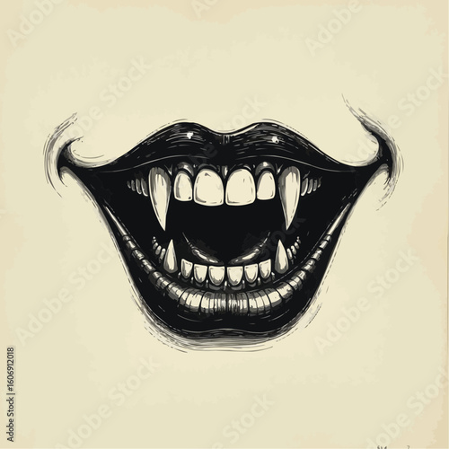 Artistic illustration of a mouth with fangs for Halloween themes and horror designs on a light background