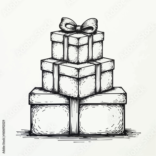 Stacked hand-drawn gift boxes with bows for holiday celebrations and festive occasions on a light background