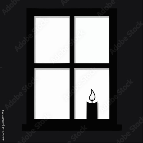 Silhouette of a window with a candle on the sill against a dark background for cozy ambiance and decor