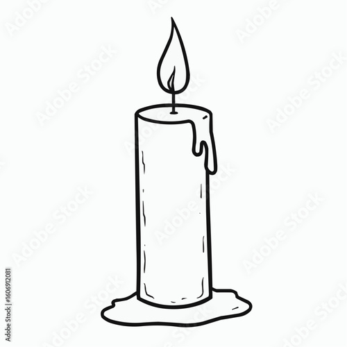 Hand-drawn candle with a flame and melted wax on a light background for cozy ambiance and decoration