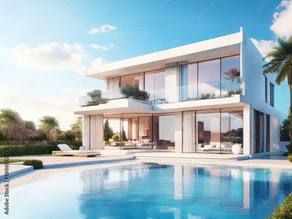 Fototapeta premium Modern Luxury Home with Pool Design and Realistic 3d rendering sunset House, Day Sky, External view