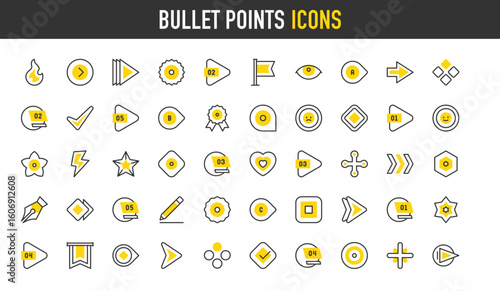 Bullet points vector icons. such as Arrow, Check, Bullet Point, Next, Number, Circle, Star, Plus illustration.	
