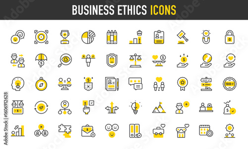 Business ethics vector icons. Feedback, Absence, Badge, Investition, Decisions, Badge, Search, Equality, Check, Promotion, Award, Puzzle, Team, Incorporation illustration.	
