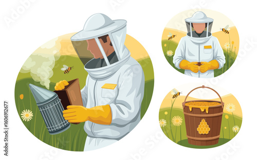 A flat vector illustration set showcasing a beekeeper, honey production, and apiary concepts.
