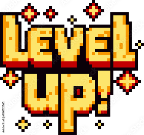 pixel illustration of level up text