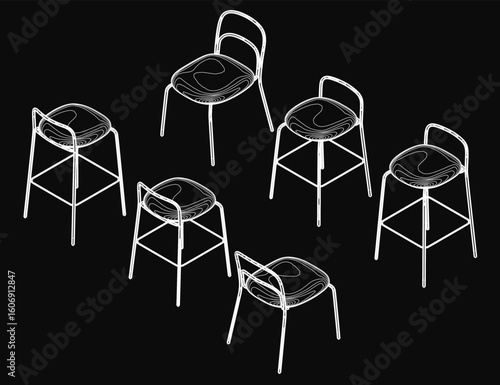 Six white chairs with sleek modern design stand against a black background. The curved backrest and armrests create elegant contours. The high contrast highlights the minimalist aesthetic.