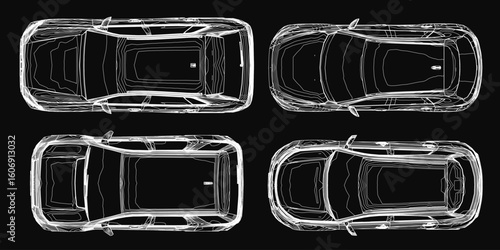 Four cars displayed in a top view blueprint style on a sleek black background. The contour outlines highlight detailed vehicle designs, perfect for automotive concepts. This set features clean.