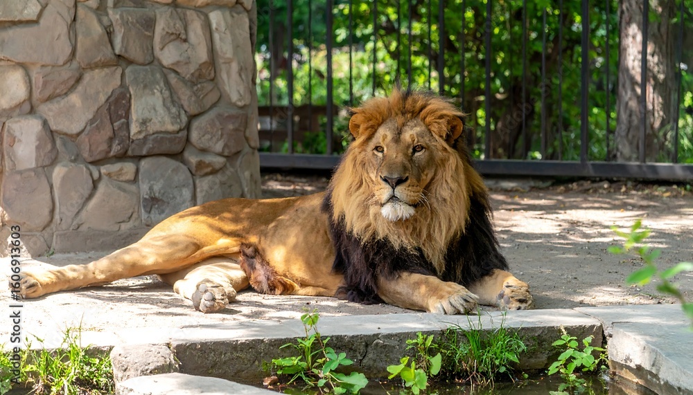 Naklejka premium Lion resting in enclosure