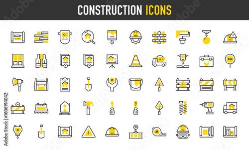 Construction vector icons. Plan, Search, Roadblock, Window, Hard Hat, Blocks, Danger Sign, Plan, File, Roadblock, File, Truck, Presentation, Toolbox, Wrench, Hammer illustration.	
