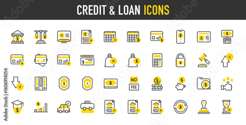 Credit and loan vector icons. Denied , File, Calculator, Loan, Money, Computer, Money Bag, Cheque, Credit, Rating, Badge, Return, Piggy Bank, Folder, Graph illustration.	
