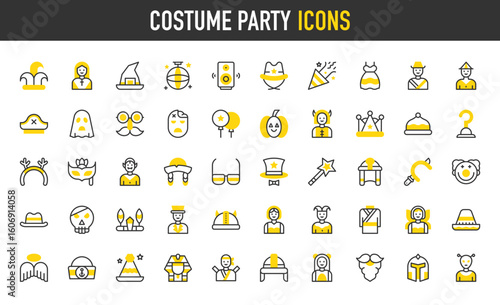Costume party vector icons. Fun Glasses, Speaker, Mask, Confetti, Crown, Nun, Sailor, Hanbok, Balloon, Wings, Braids, Joker Hat, Dancer, Kimono, Fairy, Mexican Hat illustration.	
