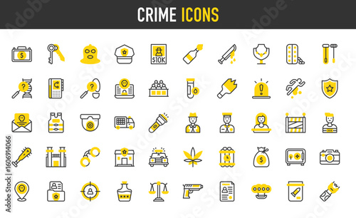 Crime vector icons. Arrest Warrant, Victim, Hacked, Police Vest, Jury, Police Car, Threat, Jewelery, Police Cap, Justice Scale, Cannabis, Target, Dna Test, Prison illustration.	
