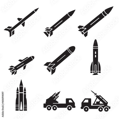 Missile and Rocket Icons Set | Military Weapon and Launcher Silhouettes