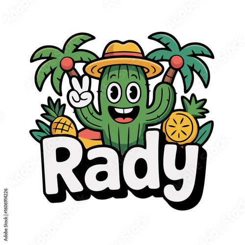 Cartoon cactus character wearing a hat and giving a peace sign, surrounded by pineapples, oranges, and palm trees, with the word "Rady" below.