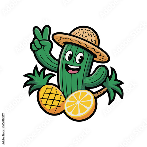 Cartoon cactus wearing a straw hat, with pineapple and orange slices, making a peace sign.