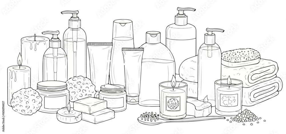 Fototapeta premium Line Art Self Care Skincare Bath Routine Vector Set