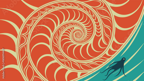 Abstract nautilus shell spiral art illustration with octopus vector design for graphic designers use case