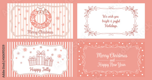 Hand drawn ink drawing Merry Christmas vintage card set