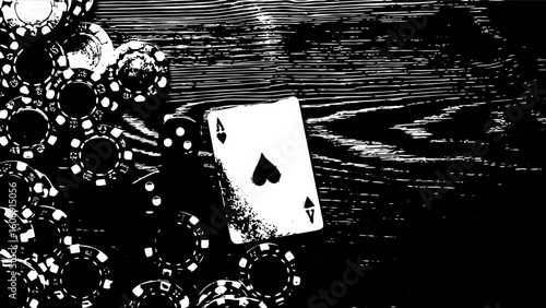 Ace of spades poker chips casino gambling game night black and white illustration for luck and winning