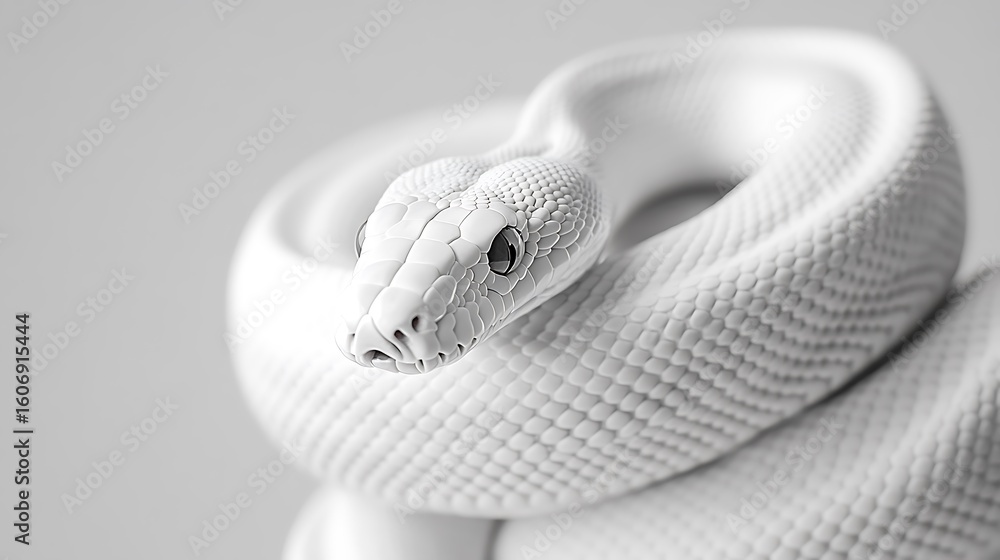 Fototapeta premium Closeup of coiled white snake with detailed scales in minimal light background