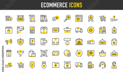 E-commerce vector icons. Weight, Favourite, Customer Review, Guarantee, Headset, Warehouse, Hand, Open, Shield, Medal, QR Code, Truck, Money Bag, Sale, Coupon, Book illustration.