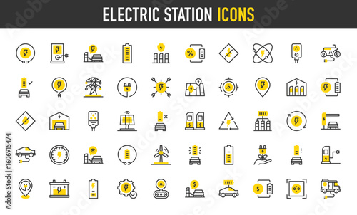 Electric station vector icons. Electric Power, Electric Tower, Map, Charging, Empty Battery, Recycle, Renewable Energy, Money, Gauge, Maintenance, No Fire, Low illustration.	
