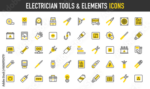 Electrician tools and elements vector icons. Fuse, Settings, Dimmer, Electrical Panel, Fluorescent Light, Insulating Tape, Voltmeter, Fuse Box, Generator, Clamps illustration.	

