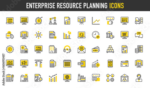 Enterprise resource planning vector icons. App, Distribution, CRM, Email, Sales, Project Management, Payment System, Human Resources, Invoice, Company, Digital illustration.	
