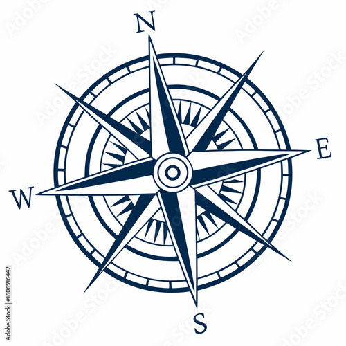 Dark blue compass rose symbol with cardinal directions on white background wind rose navigation