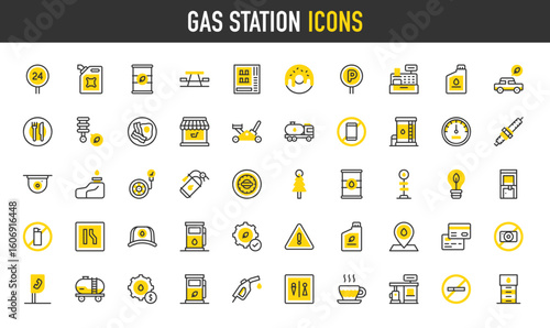 Gas station vector icons. Dispenser, Dinner, Gas Truck, Diesel, Speedometer, Warning Sign, Air Freshener, No Smoking, Fire Extinguisher illustration.	
